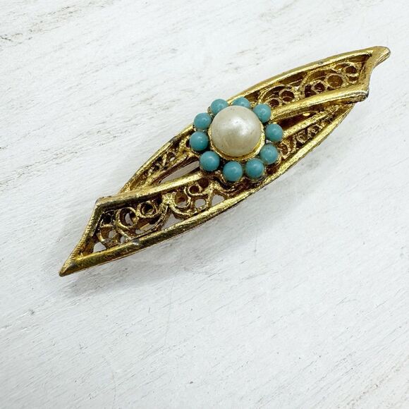 Vtg Mid Century MCM Faux Pearl And Turquoise Gold Tone Filigree Bar Pin Brooch - Picture 2 of 8